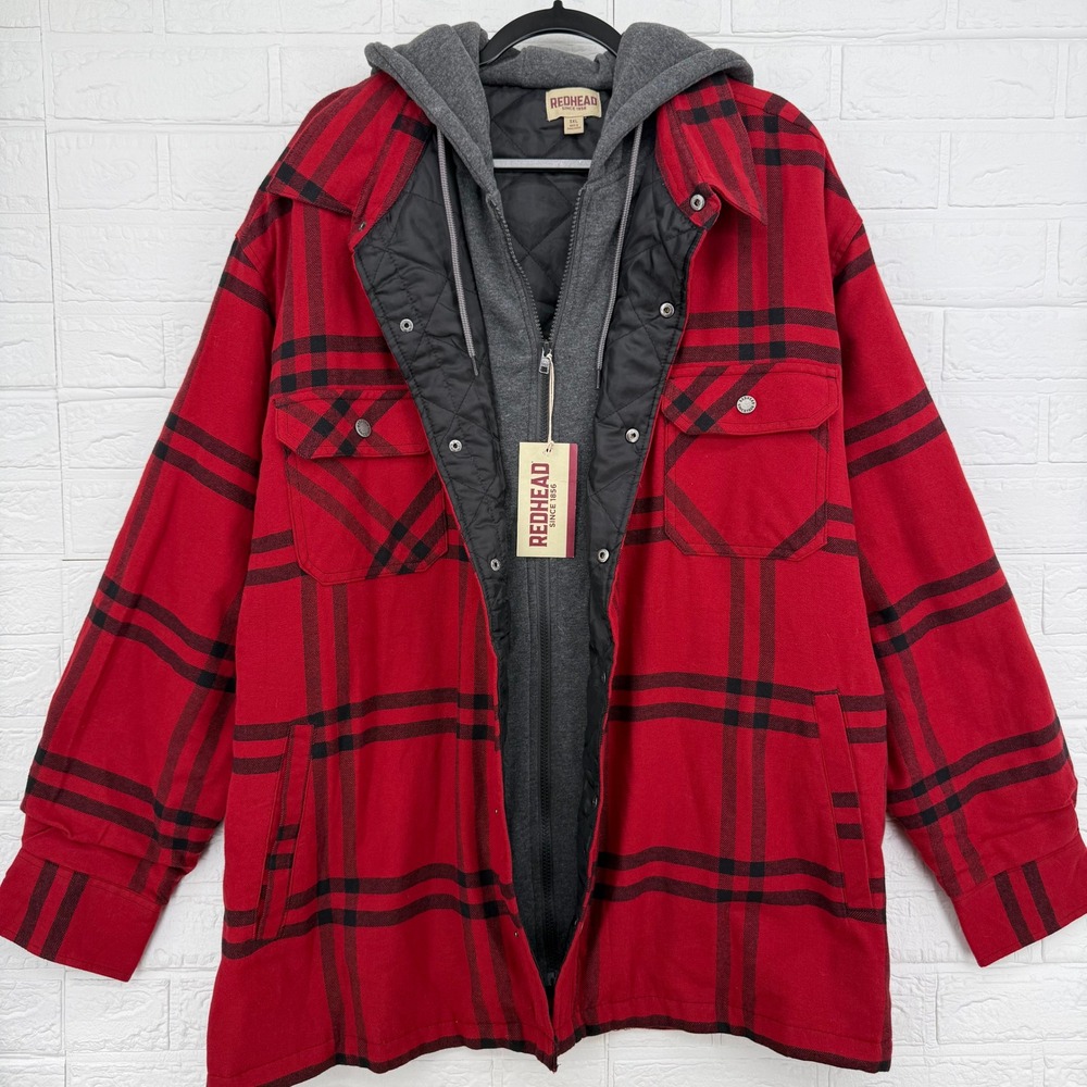 RedHead Hooded Shirt Jacket Mens 3XL Red Plaid Quilted Lined Flannel Outdoor
